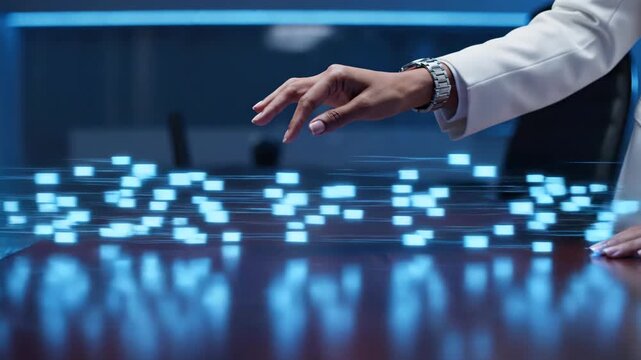 Hand tracking glowing digital particles on interactive surface. Motion capture technology sequence. Augmented reality interface for advertising and tech visualization.