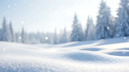 Soft snowfall in a winter forest landscape with sunlight