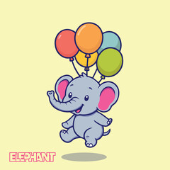 Cute Floating Elephant with Colorful Balloons  Cartoon Vector Illustration