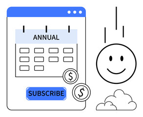 Subscription concept. Graphic of an annual subscription calendar, payment icons, and a happy face satisfaction. Subscription services, e-commerce, online payments, fintech, and customer loyalty