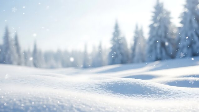 Soft snowfall in a winter forest landscape with sunlight