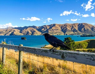Crow perched on fence overlooking the scenic landscape of lake and mountains under a blue sky