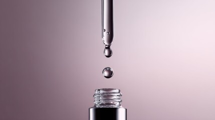 Close up macro shot of clear liquid drops falling from a glass pipette into a small bottle