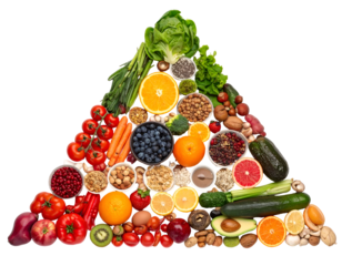 A colorful pyramid arrangement of fresh fruits, vegetables, nuts, and berries showcasing healthy food options