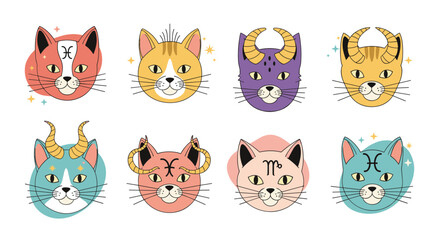 Naklejka premium Zodiac signs reimagined as a colorful collection of cute and whimsical cat faces, each with unique astrological symbols.
