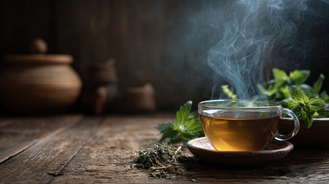 A steaming cup of herbal tea with fresh mint leaves on a rustic wooden table