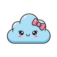 Cute Kawaii Cloud with Pink Bow and Smiling Face.