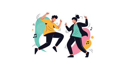 Energetic young couple dancing joyfully together, surrounded by abstract shapes and musical notes, celebrating life and music.