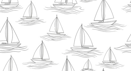 Seamless black and white background pattern featuring minimalist line art sailboats gracefully navigating wavy ocean water.