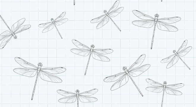 Minimalist seamless pattern of delicate, hand-drawn dragonflies on a white background with a subtle light green grid.
