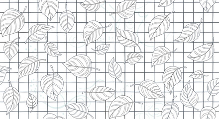 Fototapeta premium A simple seamless black and white pattern of hand-drawn leaves scattered across a clean, minimalist grid background for design.