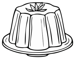 Outline drawing of a delicious molded flan pudding dessert on a serving plate