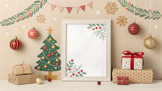 Merry Christmas and Happy Holidays greeting card, frame, banner. New Year. Christmas ornaments and gifts, presents on light beige background top view. Winter xmas holiday festive theme. See Less