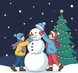 Two children joyfully construct a snowman, placing a hat, near a decorated Christmas tree.