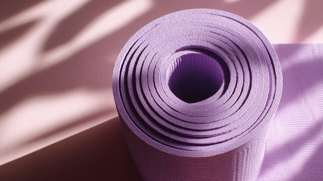 Rolled up purple yoga mat with soft pink background and shadow patterns