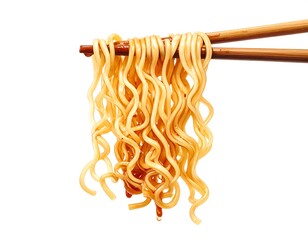 Delicious noodles held by wooden chopsticks, isolated on a white background