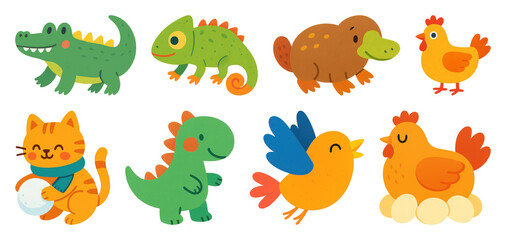 Obraz premium PNG Colorful cartoon animal illustrations, element set on transparent background