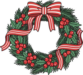 Festive holiday wreath with red bow, berries, and green foliage, a seasonal decoration.