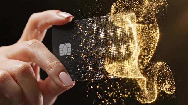 Woman holding black credit card that dissolves into golden particles. Digital disintegration effect showcasing financial technology transformation for advertising.