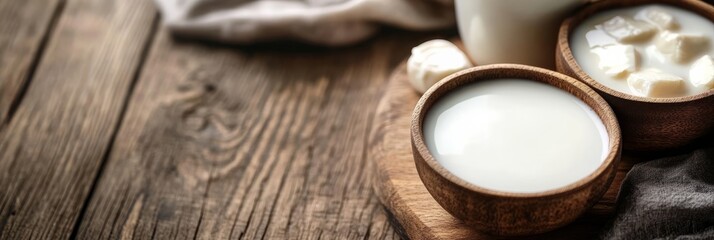 Fresh dairy products in wooden bowls on rustic table, showcasing creamy yogurt and cheese, surrounded by natural textures and warm ambiance of a cozy kitchen setting