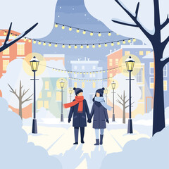 A couple strolls hand-in-hand through a snow-covered winter street, enjoying the festive lights.
