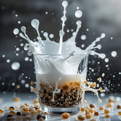 Fresh milk splash captured inside clear glass with dynamic motion isolated on clean background for dairy advertising photography concept studio