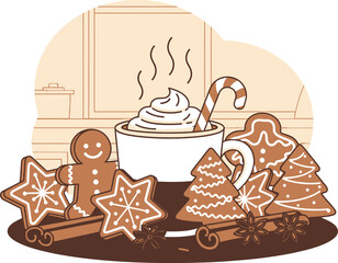 A warm cup of cocoa with whipped cream and gingerbread cookies, festive holiday scene.