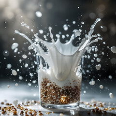 Fresh milk splash captured inside clear glass with dynamic motion isolated on clean background for dairy advertising photography concept studio