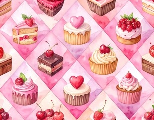 Delicious Watercolor Sweets: A Seamless Pattern of Cupcakes, Cakes, and Berries