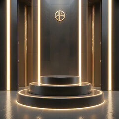 Luxury gold and marble product display podium with elegant arch backdrop on clean solid studio background for premium branding presentation