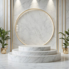 Elegant white marble podium with minimal luxury design isolated for product display, branding presentations, modern background, premium aesthetic, studio showcase