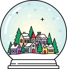 A festive snow globe containing a charming winter village scene with colorful houses and evergreen trees under a snowfall of stars.