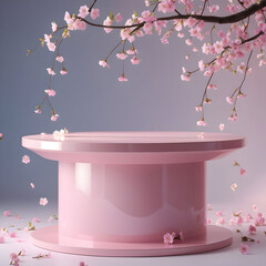  image of japanese style minimal background. Pink podium and cherry blossom background for product presentation. 3d rendering illustration