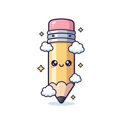 Cute Cartoon Pencil with Kawaii Face and Cloud Accents.