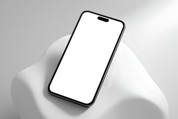 Smartphone on White Abstract Sculpture, Dramatic Light, Premium mobile phone with an empty white display resting on a smooth sculptural base