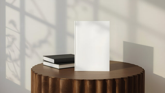Blank Hardcover Book on Round Wooden Table with Window Shadows, Vertical hardcover book with clean white cover on a ribbed wooden side table
