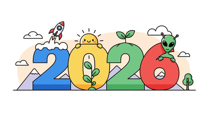A whimsical and futuristic vision for the year 2026, blending themes of space exploration, environmental growth, and new beginnings