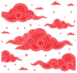 Stylized Red Clouds with Stars Design Traditional Asian Style