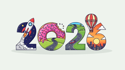 Happy New Year 2026 celebration with creative illustrations of rocket, donut, road trip, and cityscape