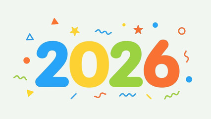 Happy New Year 2026 greeting with colorful abstract shapes and confetti on a light background