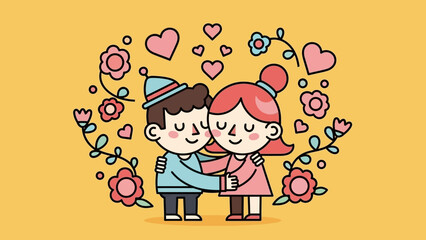 Loving couple embracing surrounded by flowers and hearts representing affection and romance on a warm yellow background