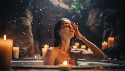 Relaxing Bath with Candles and Steam for Skincare Mockup
