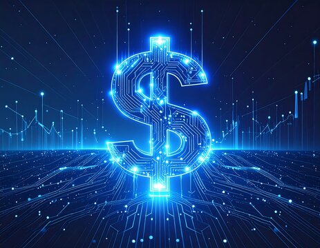 Digital Currency Growth and Electronic Finance Network with Glowing Dollar Symbol and Futuristic Connections - Powered by Adobe