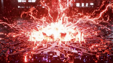 Glowing crystals emerge from a futuristic digital circuit board, illuminated in red light - Powered by Adobe