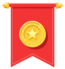 Red Pennant Banner with Golden Star Medal - Victory, Achievement, Reward Symbol Icon