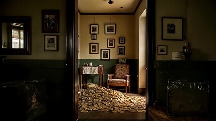 Surreal, darkly lit room with vintage furniture and framed photos, where a massive pile of gold coins spills out from an inner doorway onto the floor