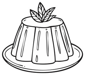 Hand drawn jelly pudding dessert with mint garnish on a plate. Black and white outline for coloring page.