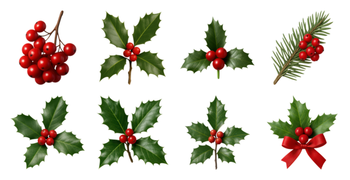 PNG Festive holly leaves berries collection, transparent background - Powered by Adobe
