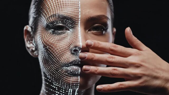 Woman with emerging digital wireframe overlay on face touched by hands. Augmented reality facial tracking sequence. Technology concept for advertising innovation.