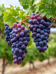 Naklejka premium Ripe purple grapes on a vine in a vineyard.